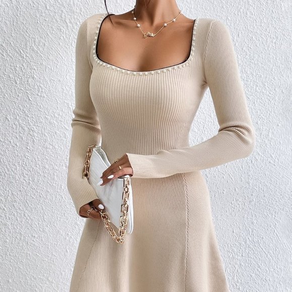 Apricot Preppy Womens Sweetheart Neck Ribbed Knit Sweater Dress - Picture 3 of 5